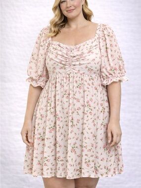 Plus Size Floral Pink Puff Sleeve Dress - 4XL